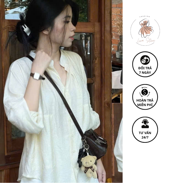 Áo Sơ Mi Linen Nữ Cổ Trụ Dài Tay Thiết Kế Cổ Tàu Thắt Dây Eo Dáng Basic Mặc Đi Chơi, Đi Học Chất Liệu Thoáng Mát