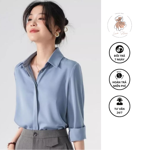 Áo Sơ Mi Lụa Nữ Thiết Kế Dấu Cúc Che Khuyết Điểm V1 Hiệu Quả, Áo Sơ Mi Trắng Cổ Đức Form Rộng Tay Dài