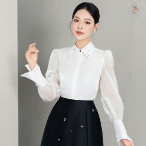 Phối chân váy xếp ly dài cho người lùn với áo sơ mi