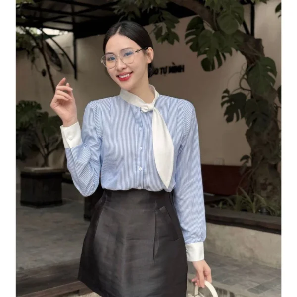 Áo sơ mi nữ dài tay cổ trụ phối thành cà vạt điệu đà BRIYO SM43 - Hình ảnh 5