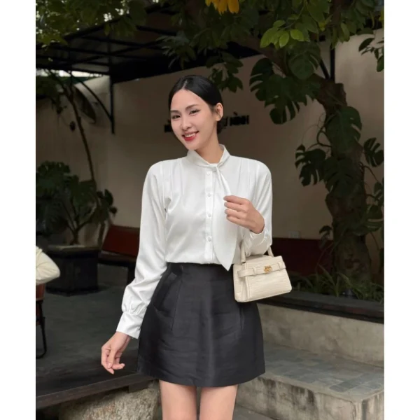 Áo sơ mi nữ dài tay cổ trụ phối thành cà vạt điệu đà BRIYO SM43 - Hình ảnh 4
