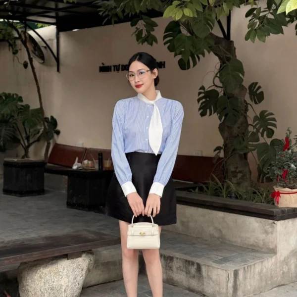 Áo sơ mi nữ dài tay cổ trụ phối thành cà vạt điệu đà BRIYO SM43 - Hình ảnh 2