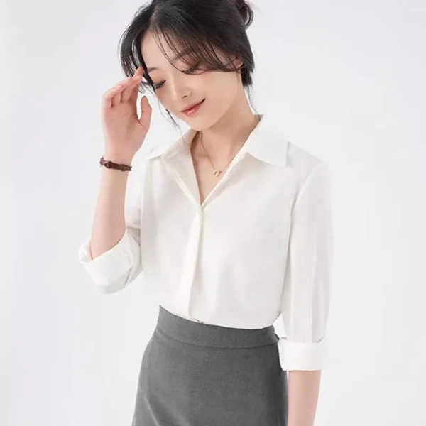 Áo Sơ Mi Lụa Nữ Thiết Kế Dấu Cúc Che Khuyết Điểm V1 Hiệu Quả, Áo Sơ Mi Trắng Cổ Đức Form Rộng Tay Dài - Hình ảnh 4