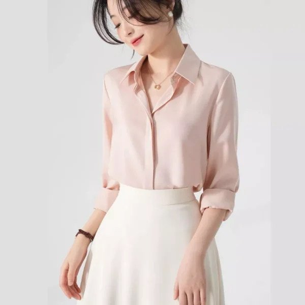 Áo Sơ Mi Lụa Nữ Thiết Kế Dấu Cúc Che Khuyết Điểm V1 Hiệu Quả, Áo Sơ Mi Trắng Cổ Đức Form Rộng Tay Dài - Hình ảnh 6