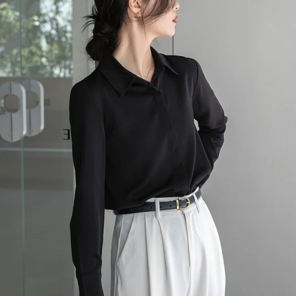 Áo Sơ Mi Lụa Nữ Thiết Kế Dấu Cúc Che Khuyết Điểm V1 Hiệu Quả, Áo Sơ Mi Trắng Cổ Đức Form Rộng Tay Dài - Hình ảnh 5