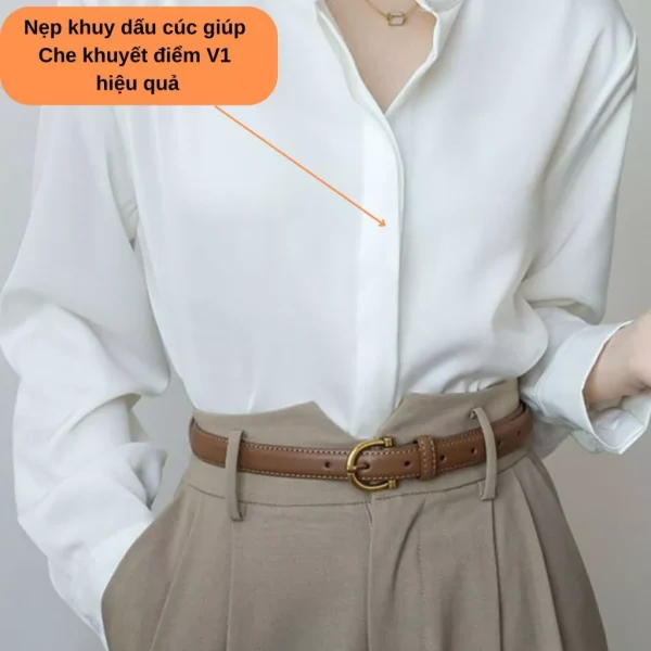 Áo Sơ Mi Lụa Nữ Thiết Kế Dấu Cúc Che Khuyết Điểm V1 Hiệu Quả, Áo Sơ Mi Trắng Cổ Đức Form Rộng Tay Dài - Hình ảnh 7