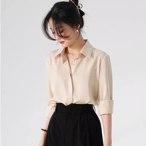 Áo Sơ Mi Lụa Nữ Thiết Kế Dấu Cúc Che Khuyết Điểm V1 Hiệu Quả, Áo Sơ Mi Trắng Cổ Đức Form Rộng Tay Dài - Hình ảnh 2