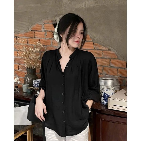 Áo Sơ Mi Linen Nữ Cổ Trụ Dài Tay Thiết Kế Cổ Tàu Thắt Dây Eo Dáng Basic Mặc Đi Chơi, Đi Học Chất Liệu Thoáng Mát - Hình ảnh 5