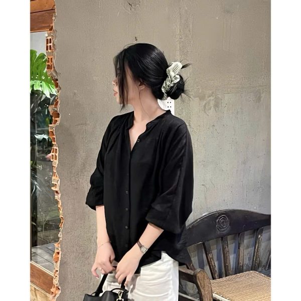Áo Sơ Mi Linen Nữ Cổ Trụ Dài Tay Thiết Kế Cổ Tàu Thắt Dây Eo Dáng Basic Mặc Đi Chơi, Đi Học Chất Liệu Thoáng Mát - Hình ảnh 6