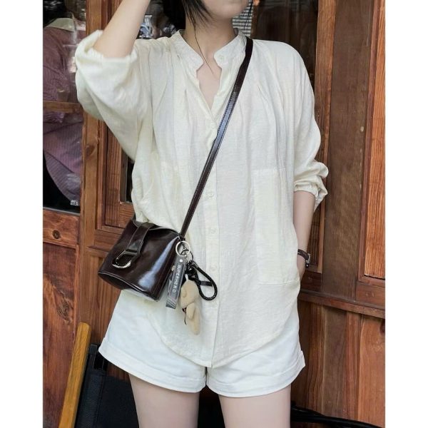 Áo Sơ Mi Linen Nữ Cổ Trụ Dài Tay Thiết Kế Cổ Tàu Thắt Dây Eo Dáng Basic Mặc Đi Chơi, Đi Học Chất Liệu Thoáng Mát - Hình ảnh 7