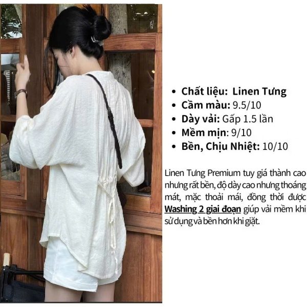 Áo Sơ Mi Linen Nữ Cổ Trụ Dài Tay Thiết Kế Cổ Tàu Thắt Dây Eo Dáng Basic Mặc Đi Chơi, Đi Học Chất Liệu Thoáng Mát - Hình ảnh 2
