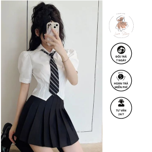 Cách mix đồ với chân váy xòe ngắn áo len cùng áo sơ mi