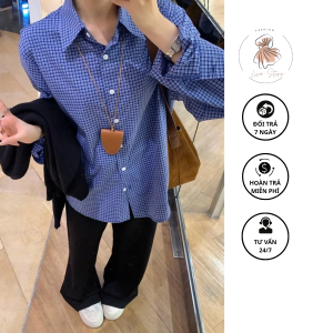 Áo sơ mi nữ FORM TO CHẤT KATE THÔ kẻ caro xanh đậm nhỏ