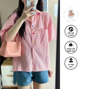 Áo Sơ Mi Tay Ngắn HỒNG Dáng Rộng Thời Trang Mùa Hè Phong Cách Hàn Quốc Cho Nữ