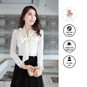 Mẫu áo mặc với chân váy xoè áo sơ mi tay phồng