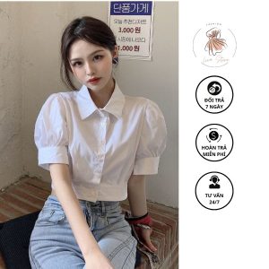 Mẫu áo mặc với chân váy xoè áo sơ mi tay phồng