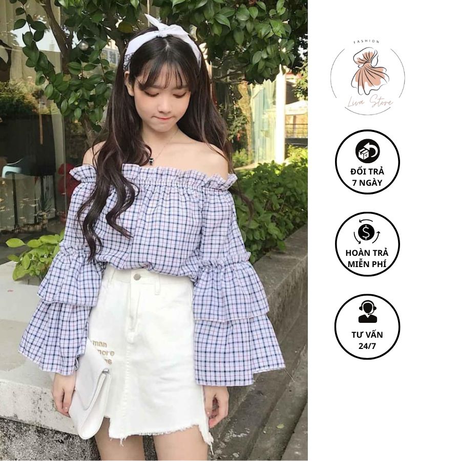 Mẫu áo mặc với chân váy xoè áo trễ vai