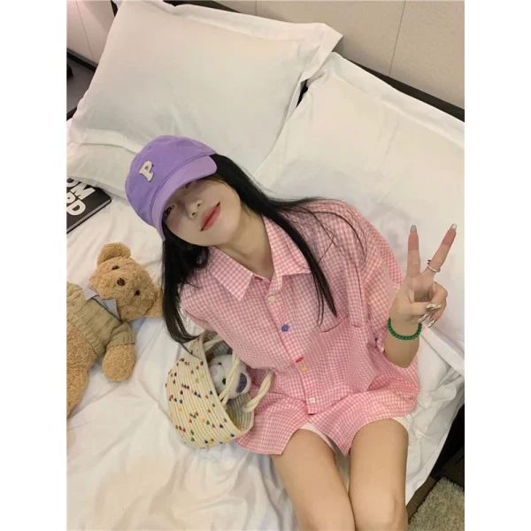 Áo Sơ Mi Tay Ngắn HỒNG Dáng Rộng Thời Trang Mùa Hè Phong Cách Hàn Quốc Cho Nữ - Hình ảnh 5